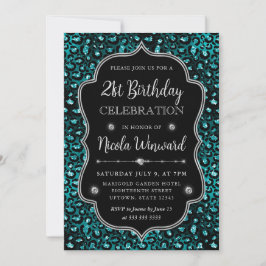 Aquamarine und schwarze Leoparden Glitzer Geburtst Einladung