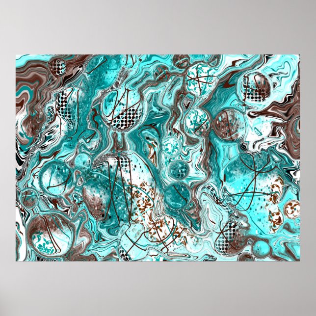 Aquamarine und schwarze Marmorflüssigkeit Kunst Poster (Vorne)