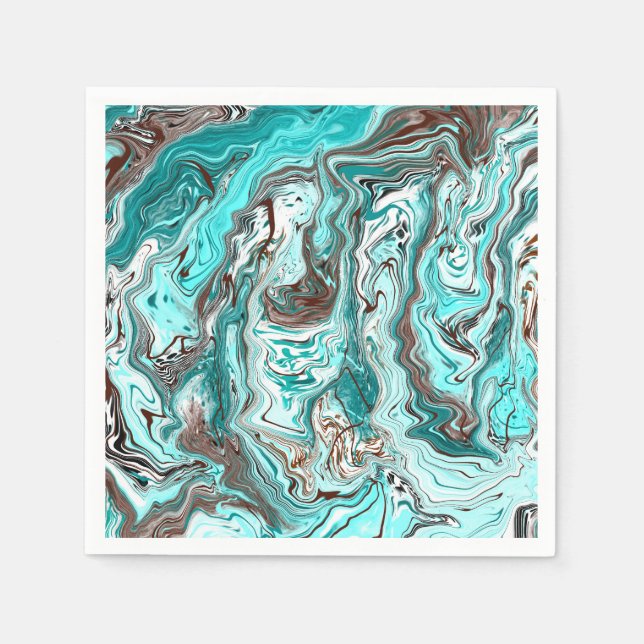 Aquamarine und schwarze Marmorflüssigkeit Kunst Serviette (Vorderseite)