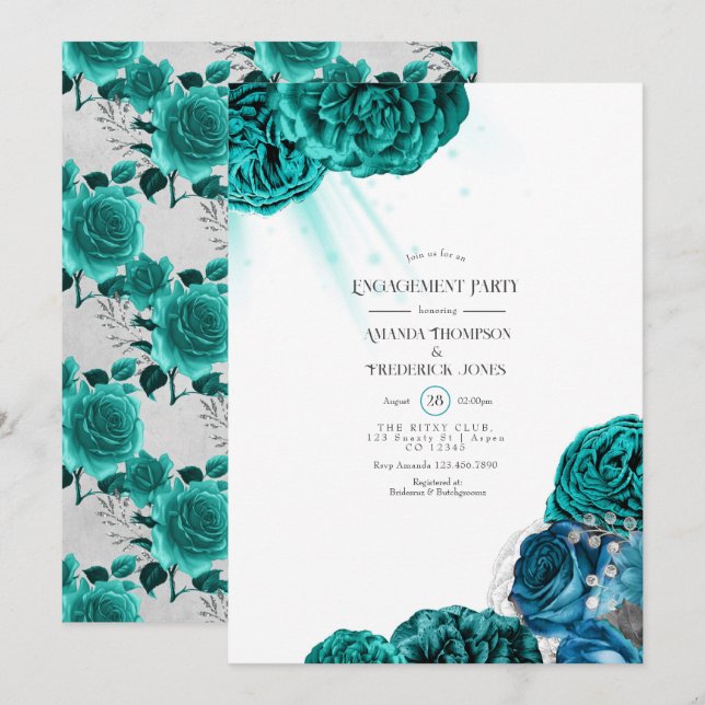 Aquamarine und silberne florale Hochzeitspartei Einladung (Vorne/Hinten)