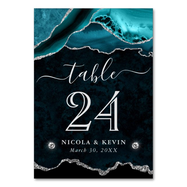 Aquamarine und Silberne Imitate Glitzer Agate Wedd Tischnummer (Vorderseite)
