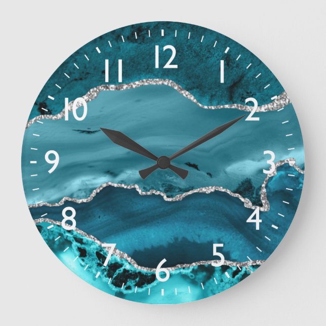 Aquamarine und silberne Imitate Glitzer Marbella A Große Wanduhr (Vorderseite)