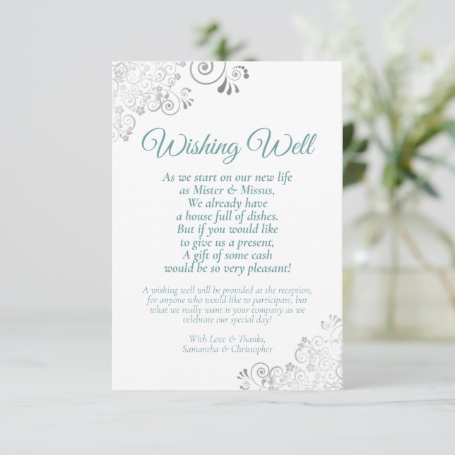 Aquamarine und silberne Spitze White Wedding wünsc Begleitkarte (Stehend Vorderseite)