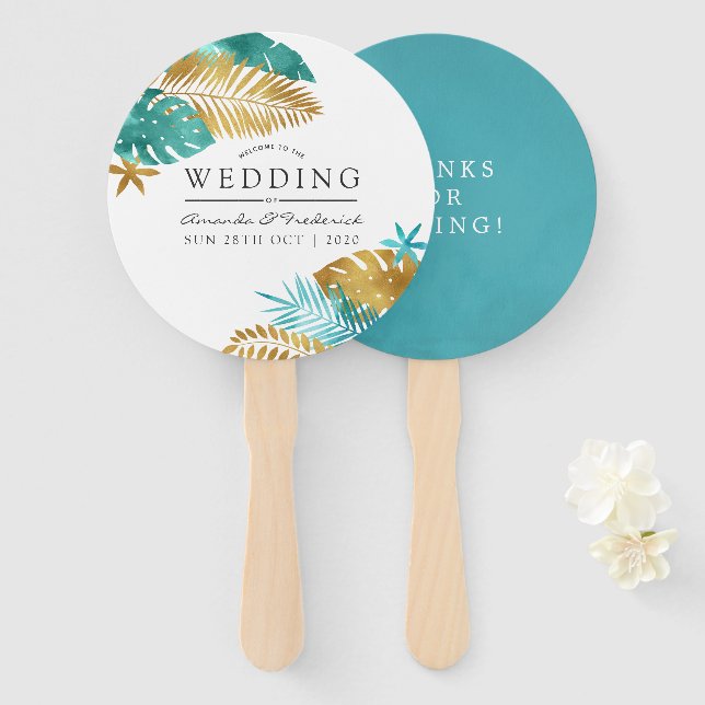Aquamarine und tropische Gastgeschenk Hochzeit Fächer (Vorne und Hinten)