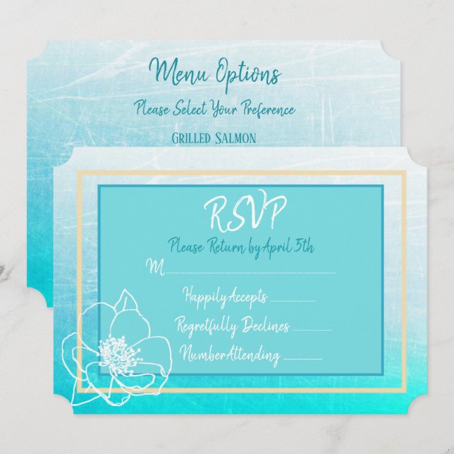 Aquamarine und türkisblaue Blume Hochzeit RSVP Einladung (Vorne/Hinten)