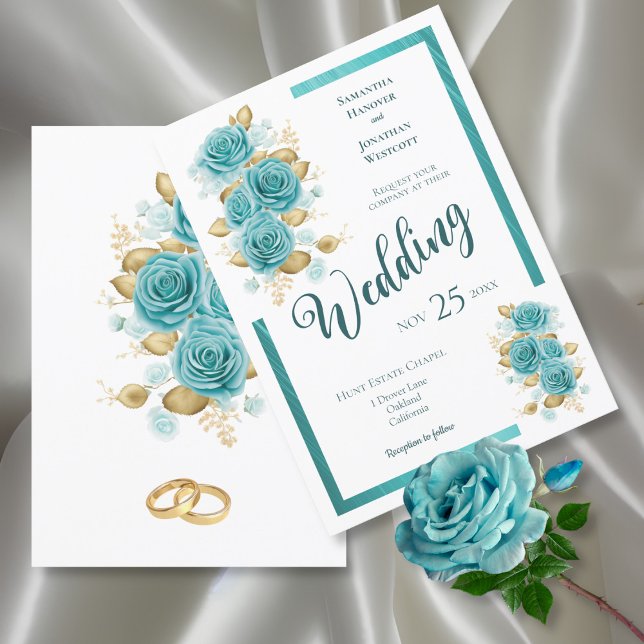 Aquamarine und türkisfarbene Rose Elegante Hochzei Einladung (Von Creator hochgeladen)