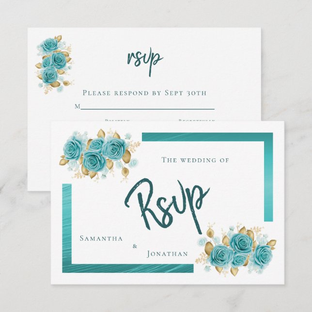 Aquamarine und türkisfarbene Rose Elegante RSVP-Ka RSVP Karte (Vorne/Hinten)