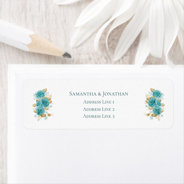 Aquamarine und türkisfarbene Rose Hochzeitslabel (Insitu)
