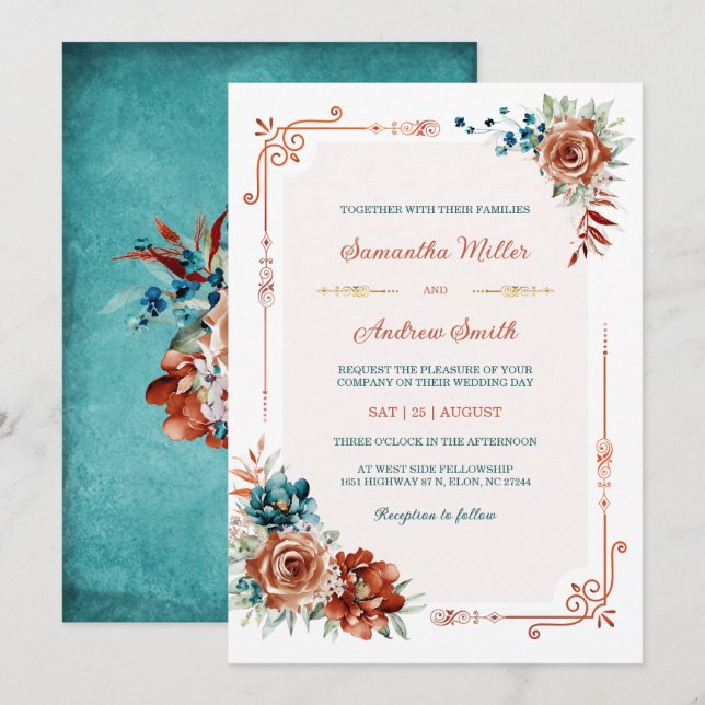 Aquamarine und verblüffende Orange-Hochzeitsvorlag Einladung (Vorne/Hinten)