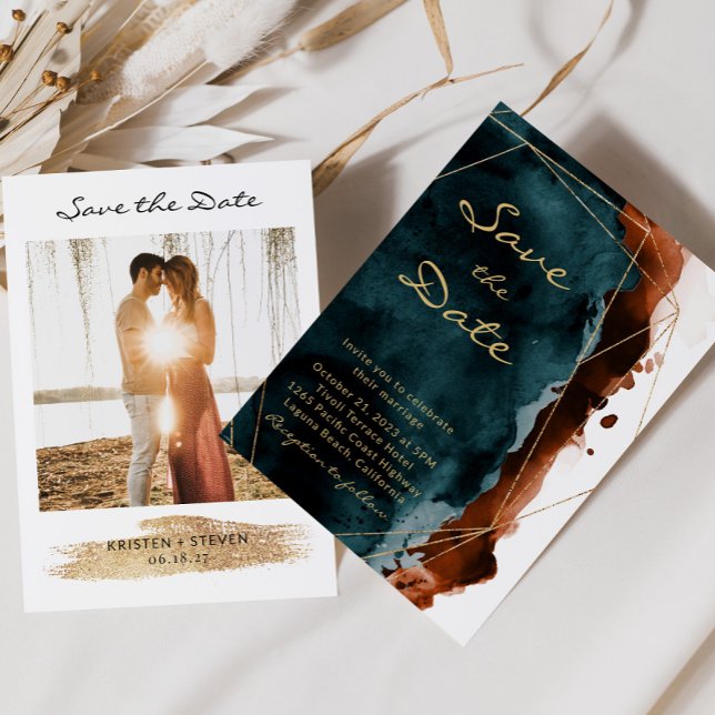 Aquamarine und verbrannte Orange-Wasserfarbe Save  The Date (Von Creator hochgeladen)