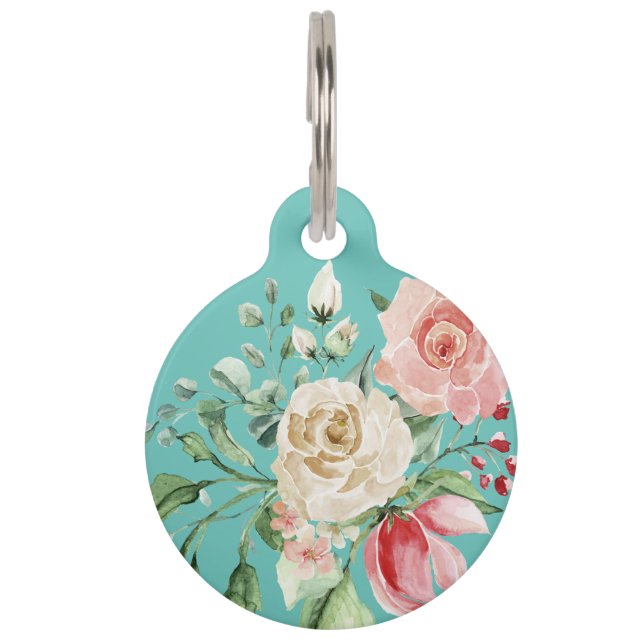 Aquamarine und wasserfarbene Blumen Haustiermarke (Vorderseite)
