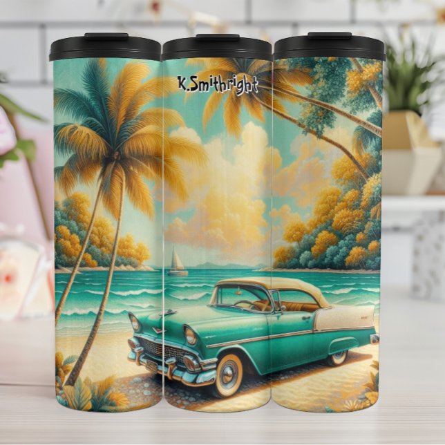 Aquamarine und weiße klassische Autos an einem tro Thermosbecher (Von Creator hochgeladen)