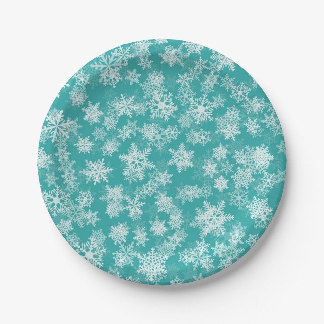 Aquamarine und weiße Schneeflocken Winterwonderlan Pappteller (Vorderseite)