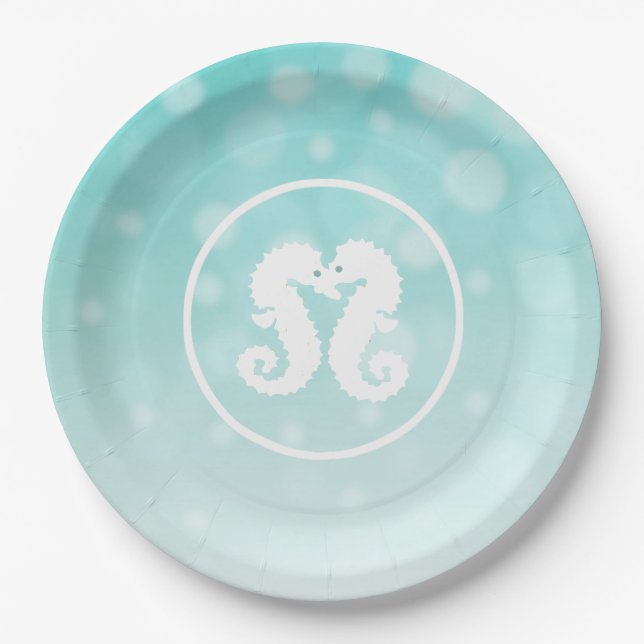 Aquamarine und weiße Seepferde Küssen Teller (Vorderseite)
