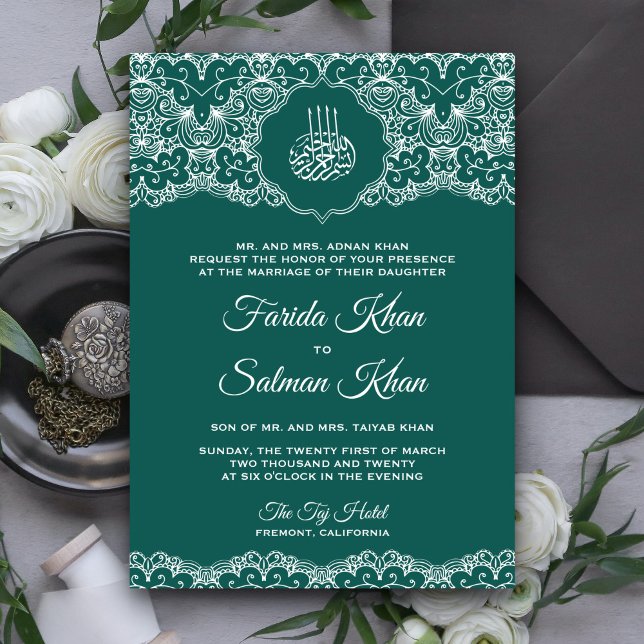 Aquamarine und weiße Spitzen islamische Hochzeit Einladung (Von Creator hochgeladen)