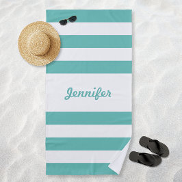 Aquamarine und weiße Streifen Personalisiert Strandtuch