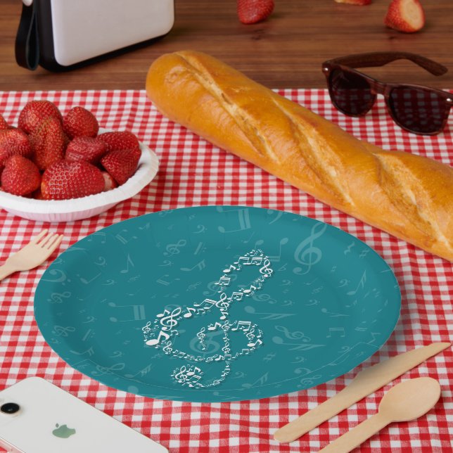 Aquamarine und weiße Treble Clef-Musiknoten Pappteller (Picknick)