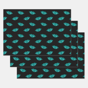 Aquamarine Vampire Lips und Zähne auf Schwarz Geschenkpapier Set