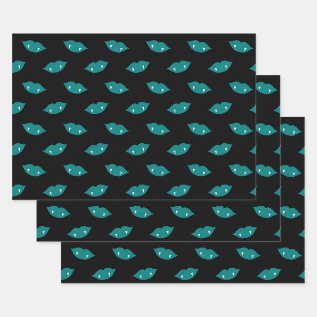 Aquamarine Vampire Lips und Zähne auf Schwarz Geschenkpapier Set (Set)