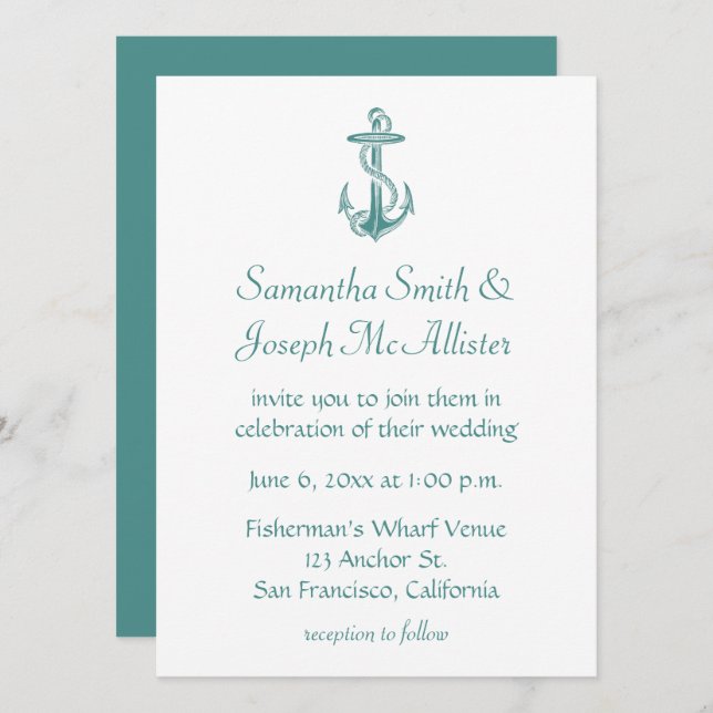 Aquamarine Vintage Ankerhochzeit Einladung (Vorne/Hinten)
