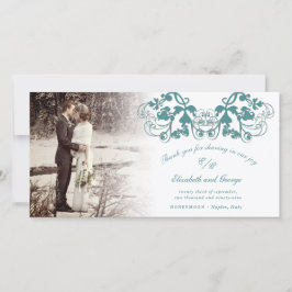 Aquamarine Vintage Damask Floral Blüh Foto Hochzei Dankeskarte