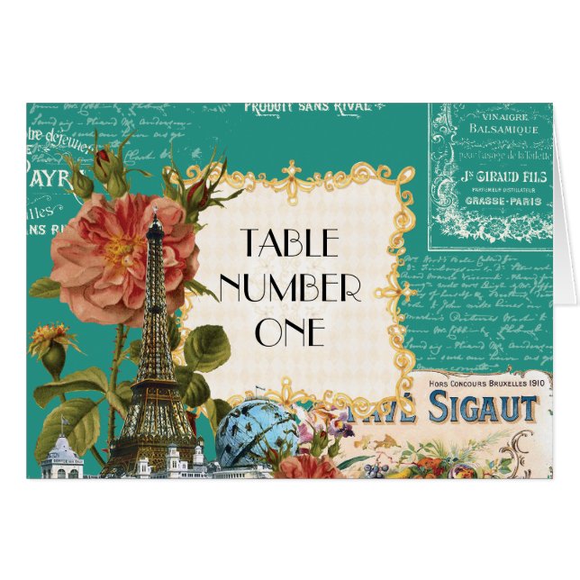Aquamarine Vintage Eiffel Turm-SahneTischnummern n (Vorderseite (Horizontal))
