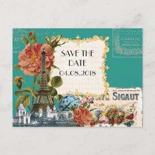 Aquamarine Vintage Eiffelturm-Rose Save the Date K Ankündigungspostkarte