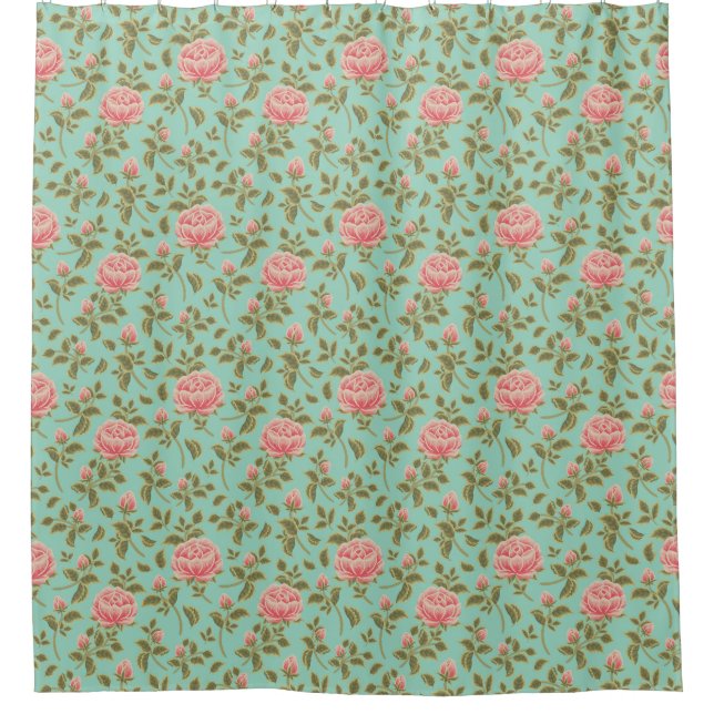 Aquamarine, Vintage Rosa Blume Duschvorhang (Vorderseite)