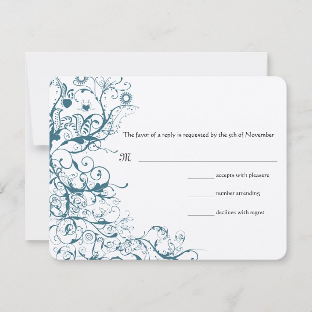 Aquamarine Vögel und Wirbel, die eine RSVP-Antwort RSVP Karte (Vorderseite)