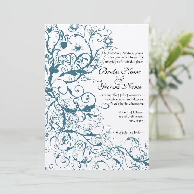 Aquamarine Vögel und Wirbel zum Hochzeitsempfang Einladung (Stehend Vorderseite)
