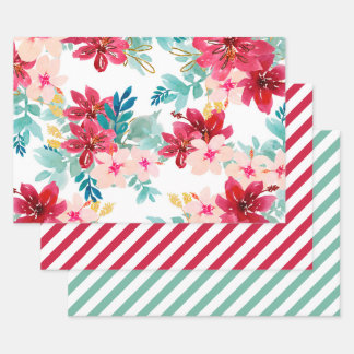 Aquamarine Wasserfarbe Blumengrün Roter Streifen Geschenkpapier Set