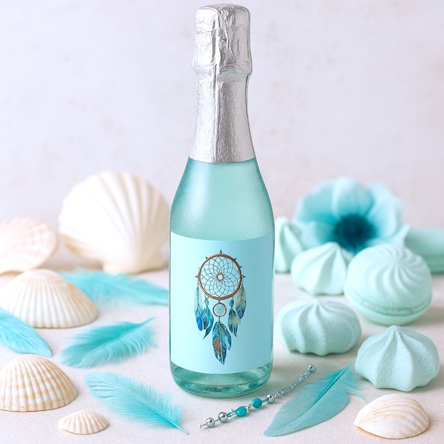 Aquamarine Watercolor Dreamcatcher Babydusche (Aquamarine Watercolor Dreamcatcher Baby Shower Sparkling Wine Label)