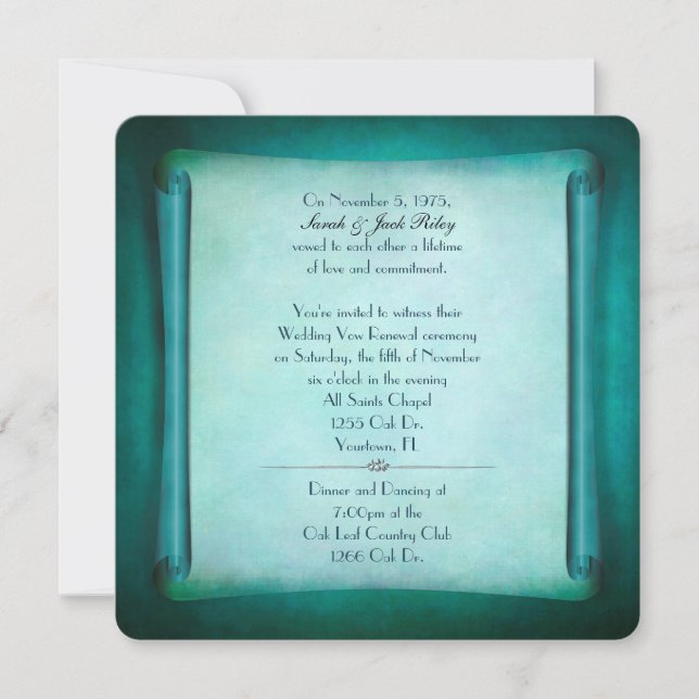 Aquamarine Wedding Vow Renewal Scroll Einladung (Vorderseite)
