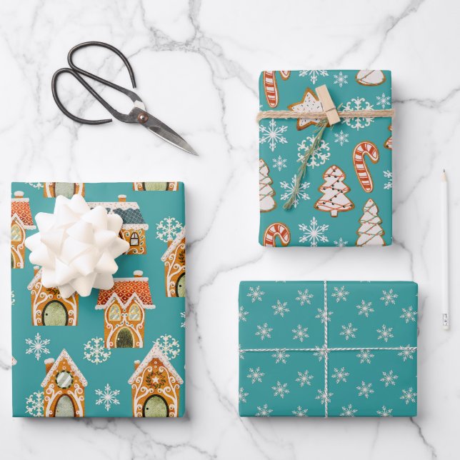 Aquamarine Weihnachtsgebäck Kekse Schneeflocken Geschenkpapier Set (Vorderseite)