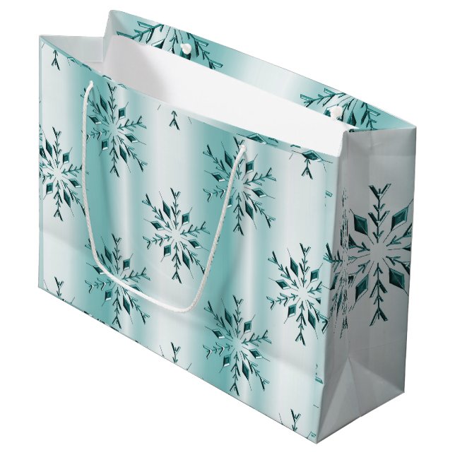 Aquamarine Weihnachtsschneeflocken Große Geschenktüte (Vorderseite Schrägansicht)