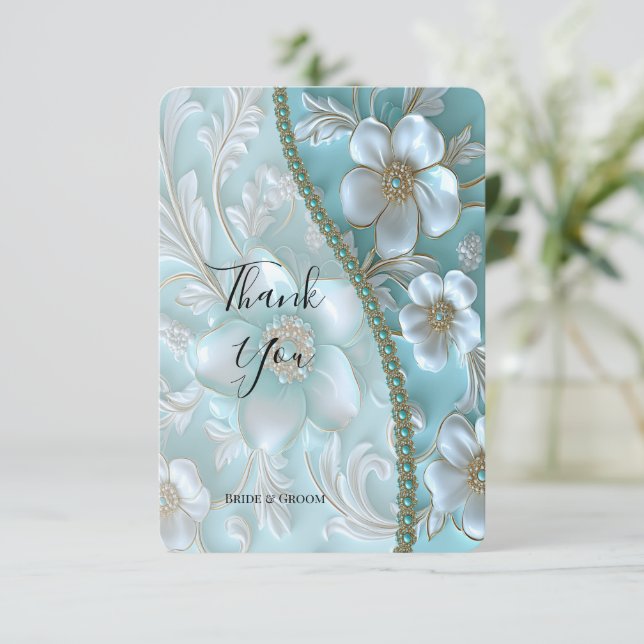 Aquamarine weiße Blume Dankeschön Karte (Stehend Vorderseite)
