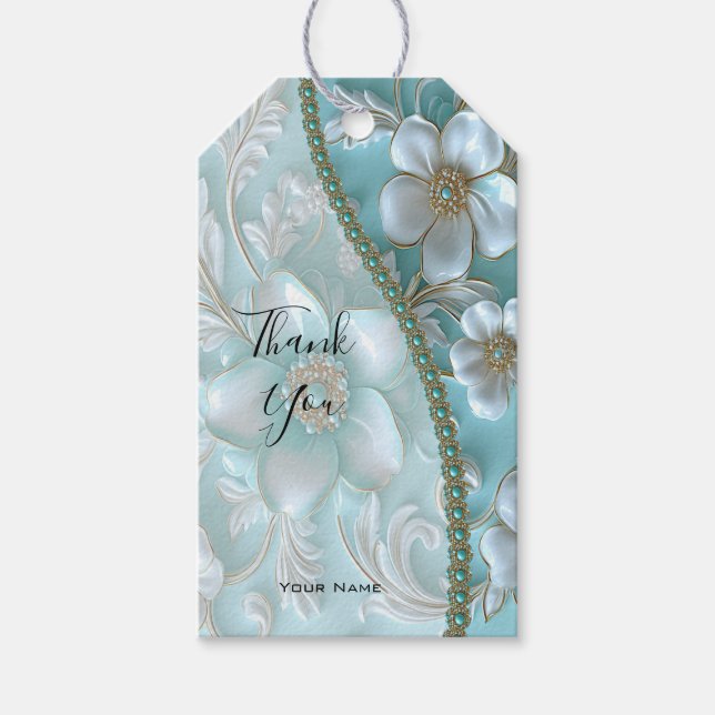 Aquamarine weiße Blumenmarke Geschenkanhänger (Vorderseite)