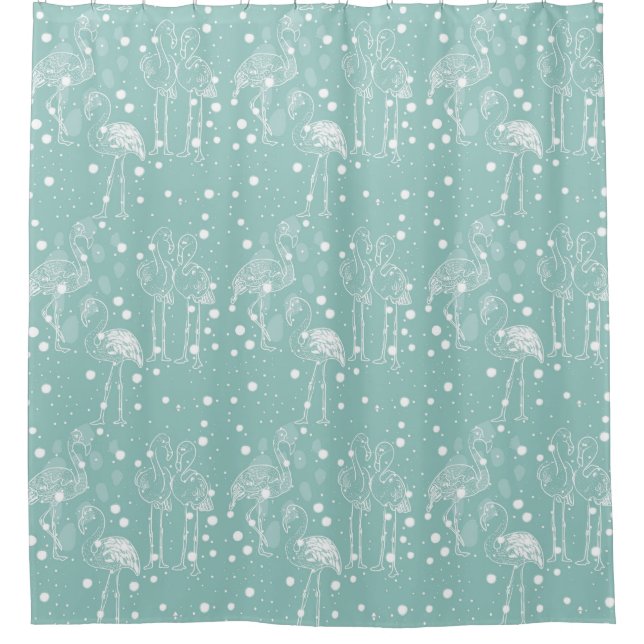 Aquamarine weiße Flamingos im skandinavischen Stil Duschvorhang (Vorderseite)