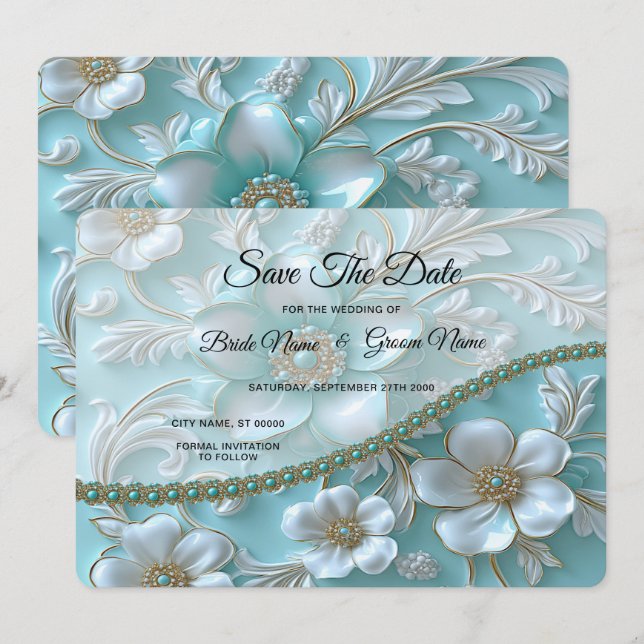 Aquamarine weiße Flora Save the Date (Vorne/Hinten)