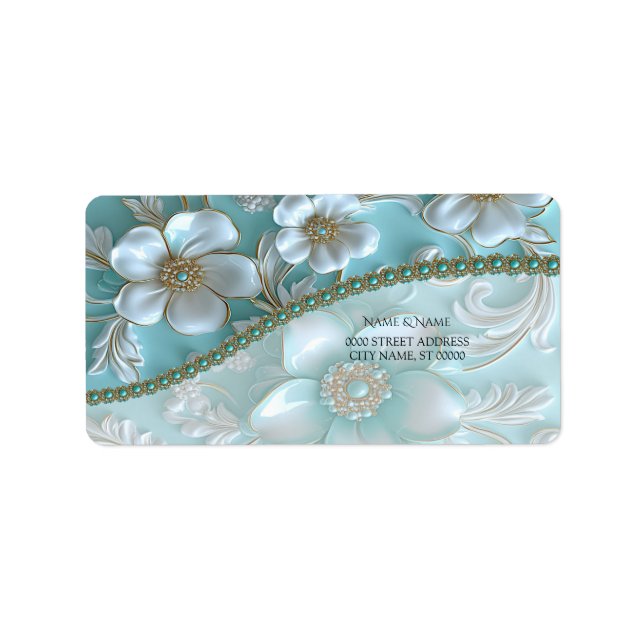 Aquamarine weiße Floranschrift Adressaufkleber (Vorne)