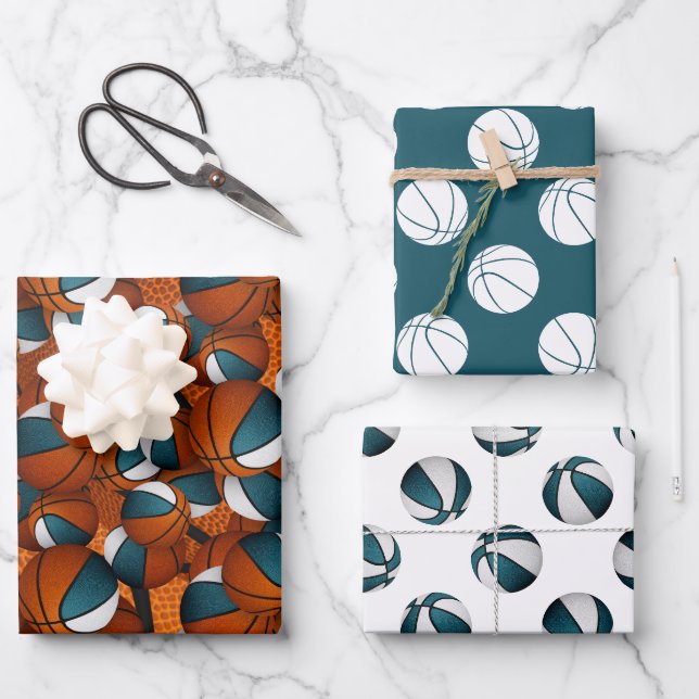 aquamarine, weiße Mannschaftsfarben Basketball Glü Geschenkpapier Set (Vorderseite)
