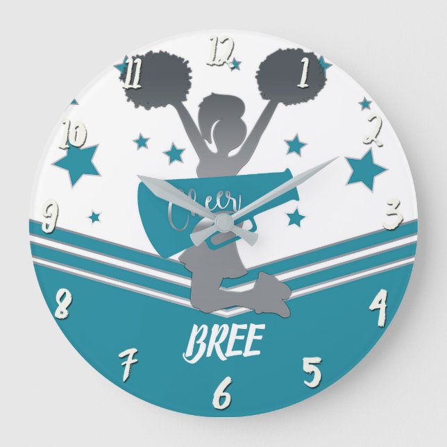 Aquamarine weiße Silberstars Cheer-Ledermädchen Große Wanduhr (Vorderseite)