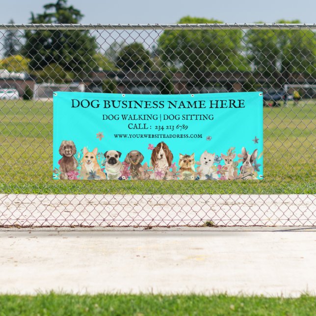 Aquamarine Welpen auf dem botanischen Hundehund Banner (Insitu)