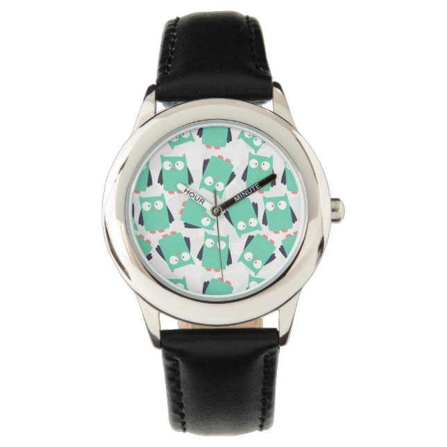 Aquamarine Whimsical Owls Armbanduhr (Vorderseite)