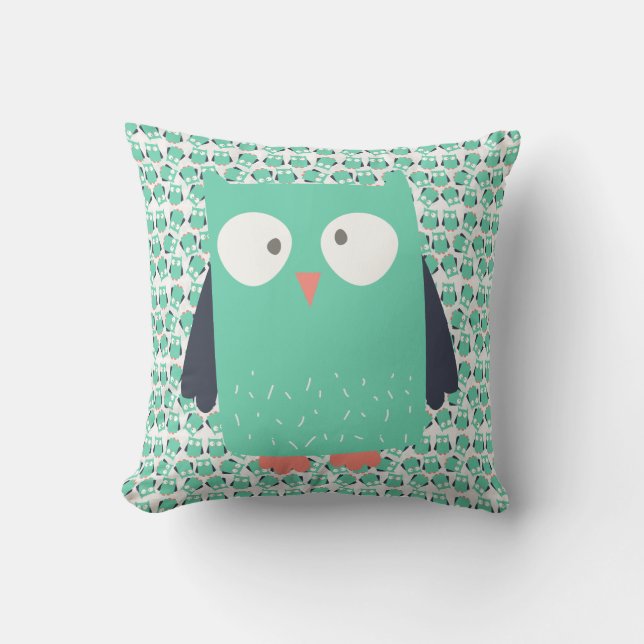 Aquamarine Whimsical Owls Kissen (Vorderseite)
