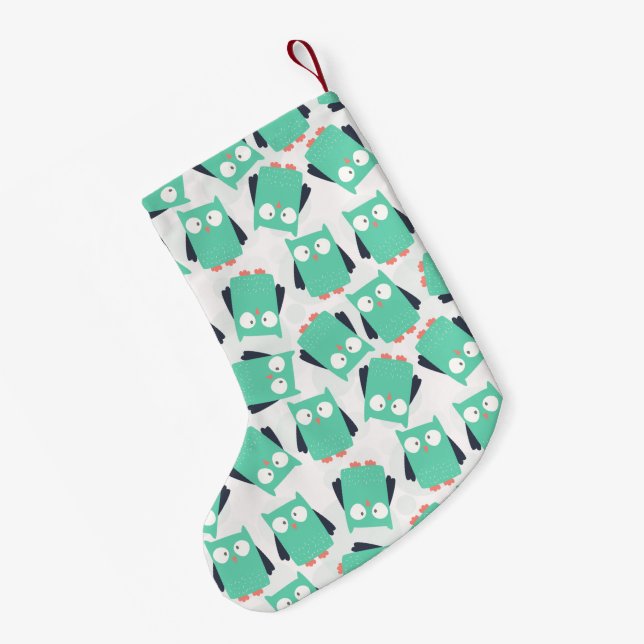 Aquamarine Whimsical Owls Kleiner Weihnachtsstrumpf (Rückseite (Hängend))