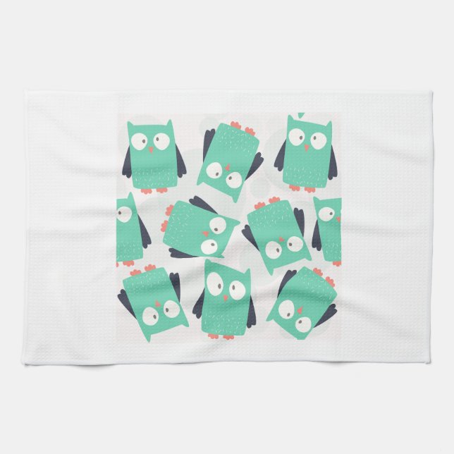 Aquamarine Whimsical Owls Küchentuch (Horizontal)