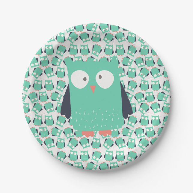 Aquamarine Whimsical Owls Pappteller (Vorderseite)