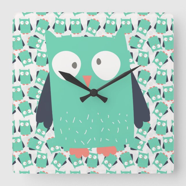 Aquamarine Whimsical Owls Quadratische Wanduhr (Vorderseite)