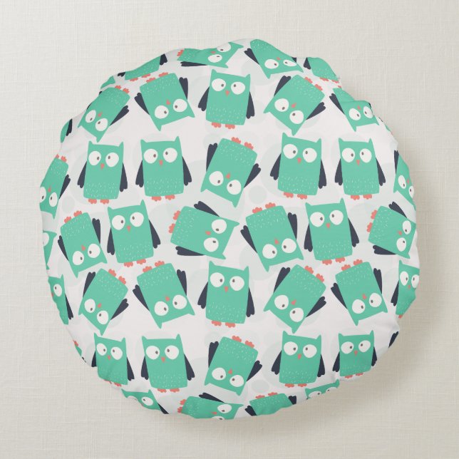 Aquamarine Whimsical Owls Rundes Kissen (Rückseite)
